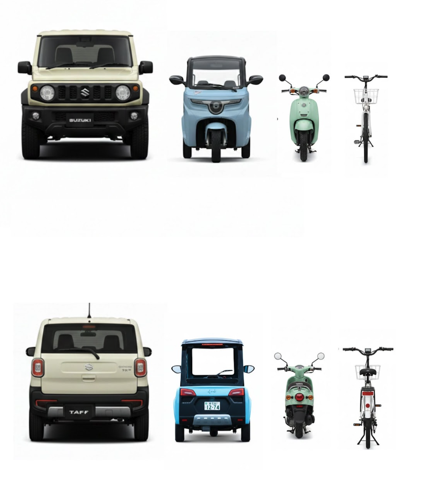 軽自動車・電動トゥクトゥク・原付バイク・電動自転車のサイズ比較（前面・背面）